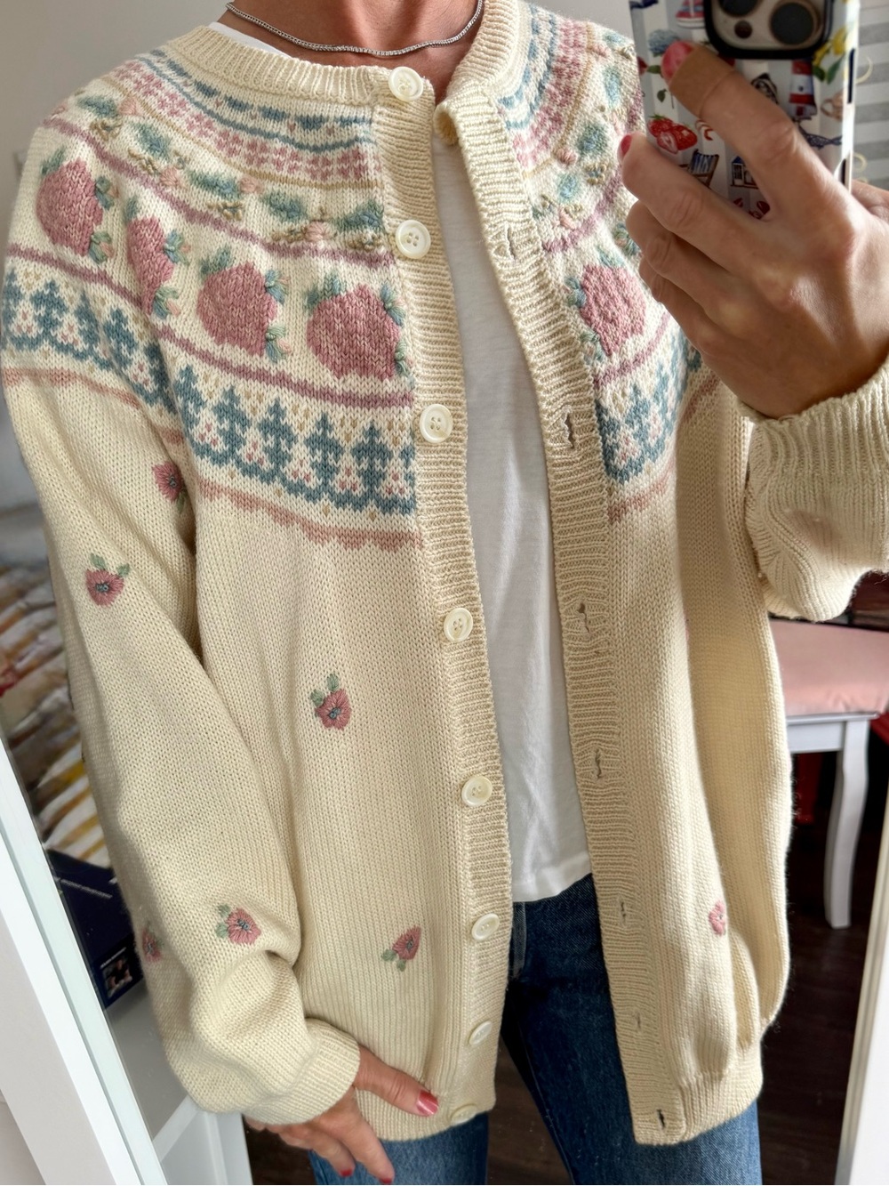 Vintage Charter Club 100% Wool Rose Fair Isle Cardigan Floral Sweater L - Picture 2 of 12